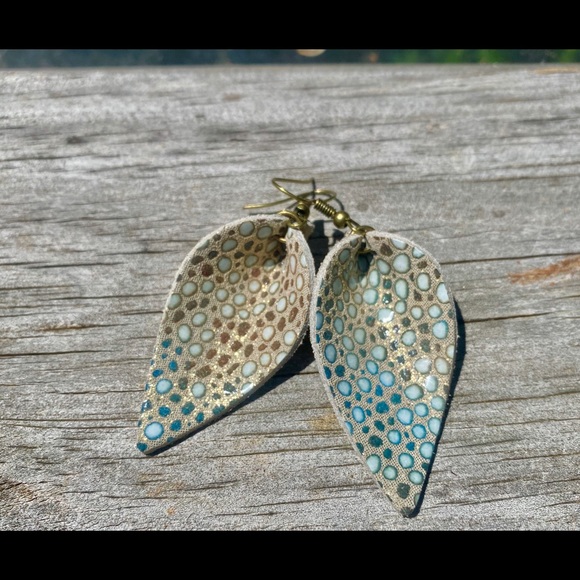handmade Jewelry - leather earrings, leaf summer shimmer. trendy chic